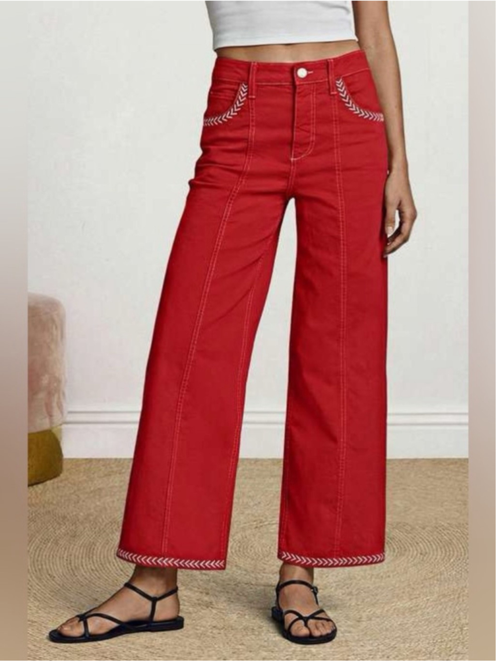 Flamingals Contrast Stitch Mid Rise Wide Leg Crop Pants M FG16-27